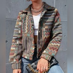 Geo Print Multicolor Patterned Button Up Jacket Shein Size 6 / Medium
